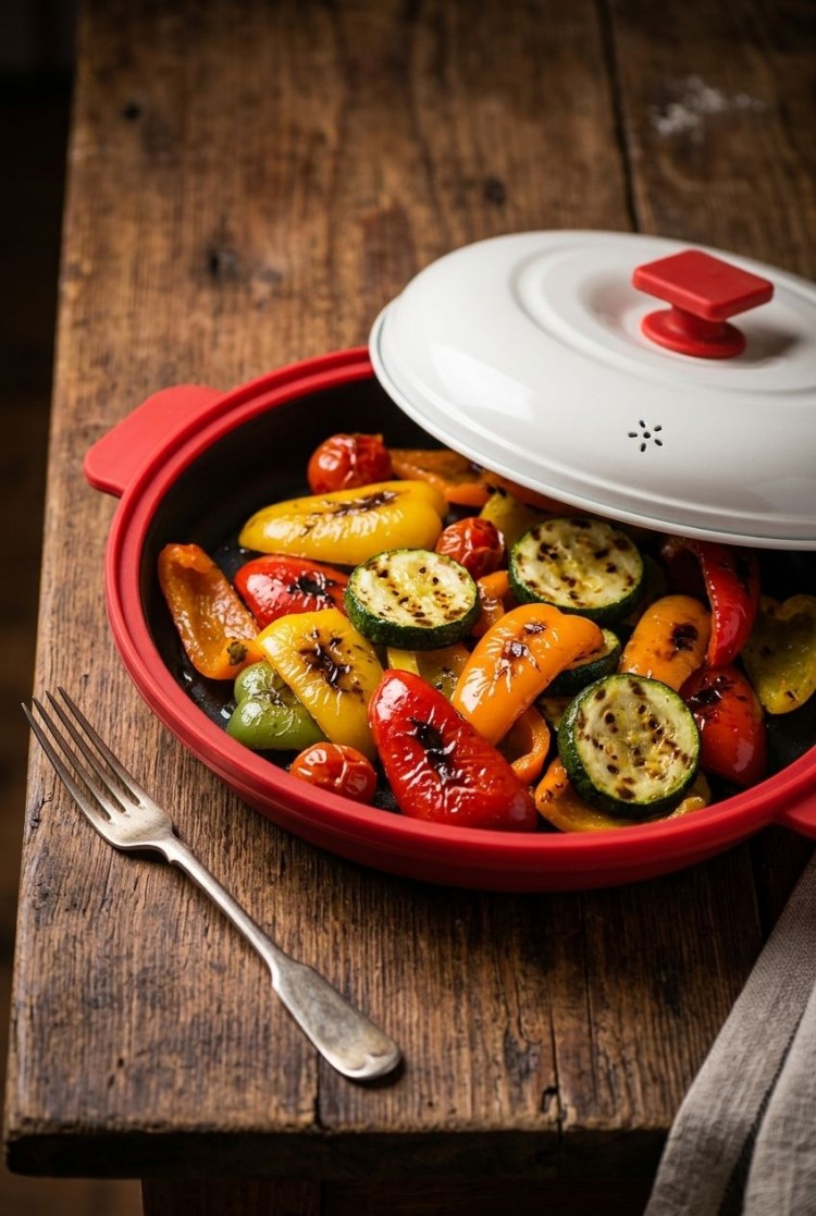 Food grade microwave grill multi-pot side view with silicone body and steel base